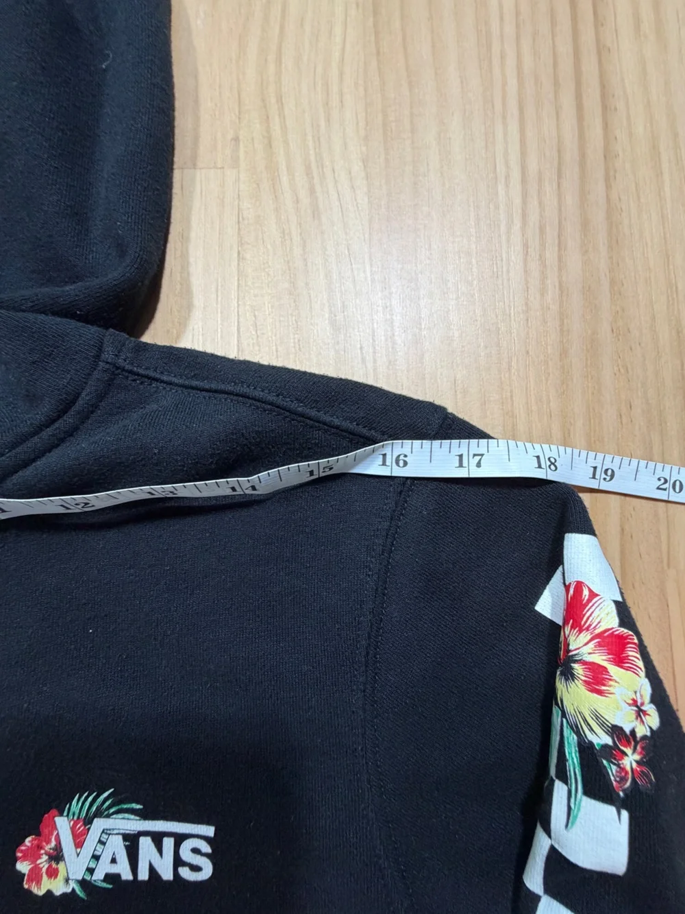 Vans Black Crewneck Hoodie with Floral Checker Sleeve Accents B7